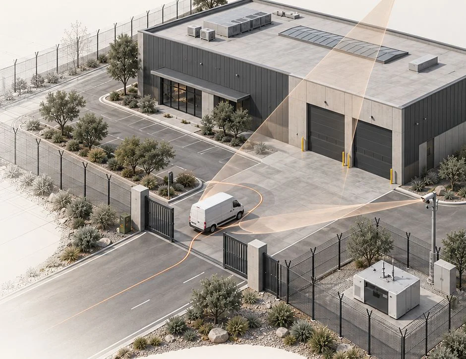 Illustrative industrial perimeter with a vehicle at the gate and a directed camera view